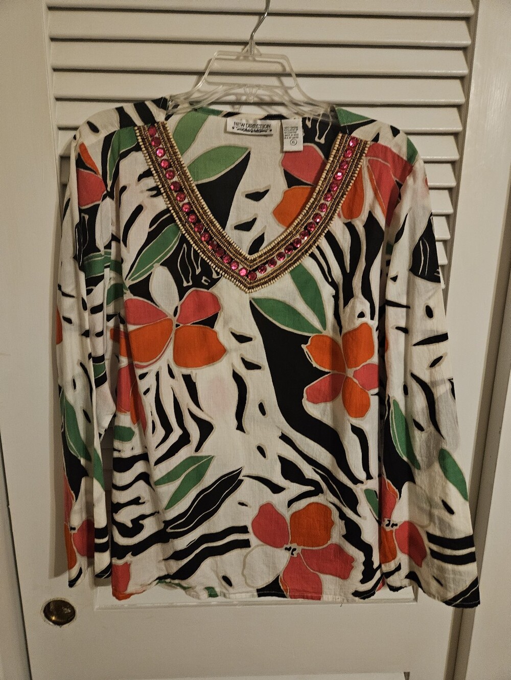 New Directions Live-In Comfort Floral V-Neck Tunic Top - White Multi Xl Beaded